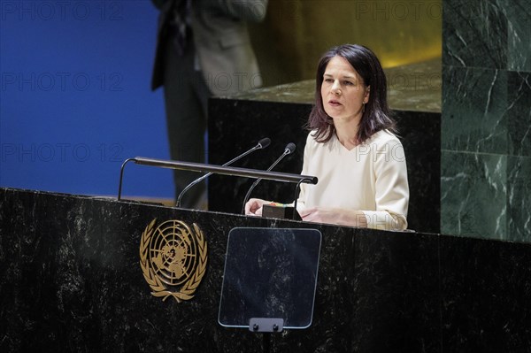 Plenary session of the United Nations General Assembly on 'AeRThe situation in the temporarily 'AeRoccupied territories of Ukraine in New York, 24 February 2024. Annalena Baerbock (Alliance 90/The Greens), Federal Foreign Minister, travels to New York to mark the anniversary of the attack on Ukraine. Photographed on behalf of the Federal Foreign Office