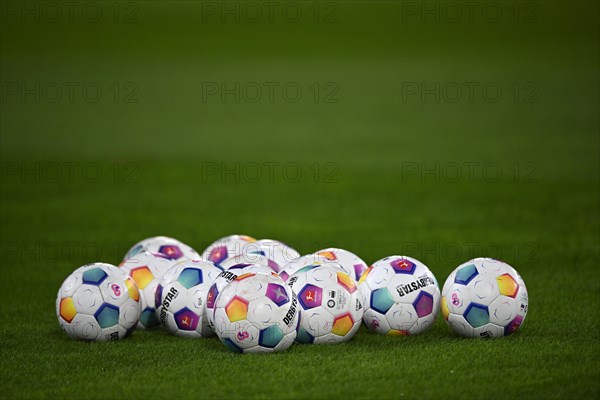 Adidas Derbystar match balls on the pitch, WWK Arena, Augsburg, Bavaria, Germany, Europe