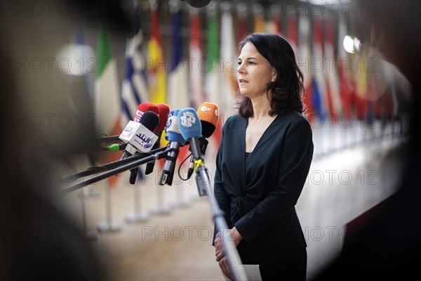 Annalena Baerbock, Federal Foreign Minister, travelling to the RfAB in Brussels. Pictured here during a doorstep in front of the start of a working session of EU foreign ministers Brussels, 19 February 2024. Photographed on behalf of the Federal Foreign Office