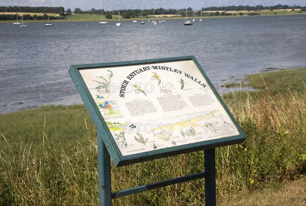 Information notice board for the River Stour estuary at Mistley Walls, Mistley, Essex, England, United Kingdom, Europe