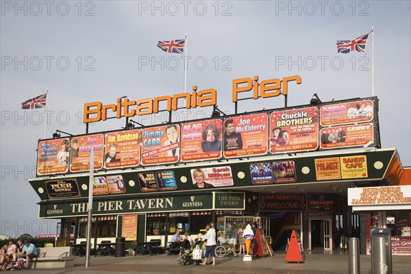 Britannia Pier entrance with adverts for theatre shows, Great Yarmouth, Norfolk, England, United Kingdom, Europe