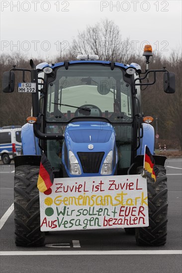 Tractor with sign, Too much is too much, Farmer protests, Demonstration against policies of the traffic light government, Abolition of agricultural diesel subsidies, Duesseldorf, North Rhine-Westphalia, Germany, Europe