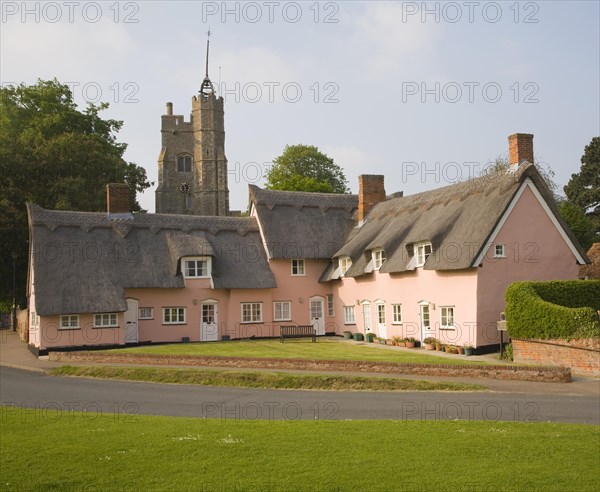 Attractive pink washed cottages at Cavendish, Suffolk, England, United Kingdom, Europe