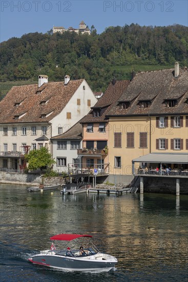 Stein am Rhein, Hohenklingen Castle, mountain, restaurant on the water, sports boat, blue sky, Canton Schaffhausen, Switzerland, Europe