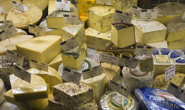 Varieties of cheese high quality food on display at Suffolk Food Hall, Wherstead, Suffolk, England, United Kingdom, Europe