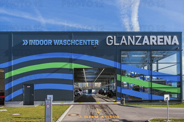 GLANZARENA, blue-green facade, indoor washing centre, Kempten, Bavaria, Allgaeu, Germany, Europe