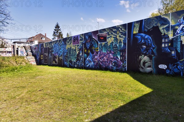 Wall of Fame, Hall of Fame in 2016, graffiti, graffiti project, tags, mural on flood protection wall at Bostelbeker Hauptdeich, Harburg, Hamburg, Germany, Europe
