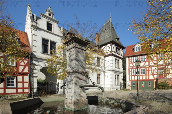 Market fountain on the market square with half-timbered houses, Idstein, Taunus, Hesse, Germany, Europe
