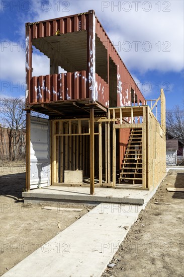 Detroit, Michigan, Homes are being built with used shipping containers in a low-income neighborhood