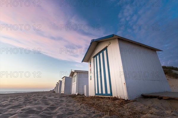 Evening mood with a view of white beach huts with blue stripes by the sea under a pink cloudy sky, Texel, North Sea, Netherlands
