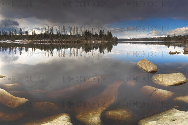 View over the Harz Oderteich in winter, dam, landscape format, evening light, landscape photography, nature photography, lake, rocks, Braunlage, Harz, Lower Saxony, Germany, Europe