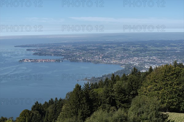 View from the Pfaender, 1064m, local mountain of Bregenz, to Lindau, moated castle, Langenargen, Lake Constance, Vorarlberg, Alps, Austria, Europe