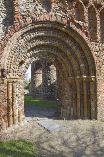 Elaborate Norman doorway of the west front of Saint Botolph's priory, Colchester, Essex, England, United Kingdom, Europe