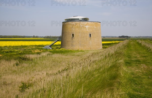 Martello tower in marshes converted to house, Bawdsey, Suffolk, England, United Kingdom, Europe