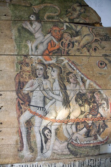 Early sixteenth century religious painting depicting the Day of Judgement called the Wenhaston Doom, Suffolk, England, United Kingdom, Europe