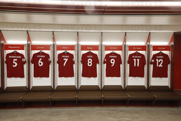 Team dressing room with jerseys, Anfield Stadium of Liverpool FC, 02.03.2019