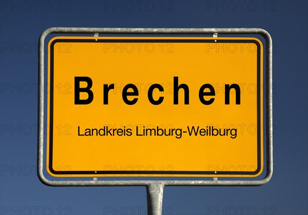 Place name sign Brechen, municipality in the district of Limburg-Weilburg, Hesse, Germany, Europe