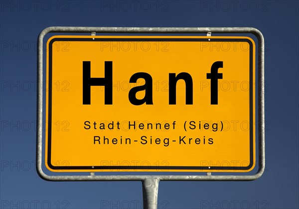 Town sign Hanf (Hennef), district of the town of Hennef (Sieg), Rhein-Sieg-Kreis, North Rhine-Westphalia, Germany, Europe