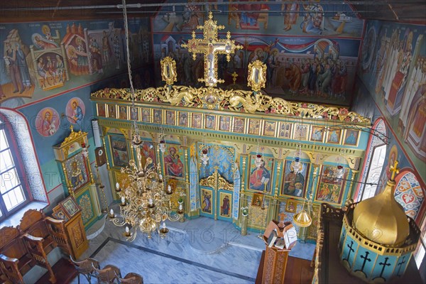 Church interior with magnificent iconostasis and impressive wall frescoes, Monastery of St Nicholas, Monastery of Agios Nikolaos, Agiou Nikolaou, Vistonidas Burma Lagoon, Porto Lagos, Xanthi, Eastern Macedonia and Thrace, Greece, Europe