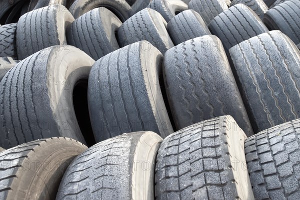 Tyres, old, used, worn, truck, rubber, stack, neat, export, Germany, Europe