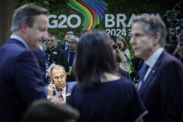 Sergey Lavrov, Foreign Minister of Russia, pictured at the G20 Foreign Ministers' Meeting in Rio de Janeiro. In the foreground (from left to right) David Cameron, Foreign Secretary of the United Kingdom, Annalena Baerbock (Alliance 90/The Greens), Federal Foreign Minister, and Antony Blinken, Secretary of State of the United States of America, talking to each other. 22.02.2024. Photographed on behalf of the Federal Foreign Office