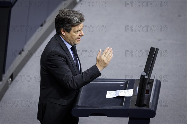 Robert Habeck, Federal Minister for Economic Affairs and Climate Protection and Vice-Chancellor, (Alliance 90/The Greens) recorded during his government statement on the annual economic report in the German Bundestag in Berlin, 22/02/2024