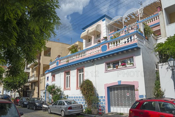 Colourful house with blue tiles and decorations on a busy street in the old town, Kavala, Dimos Kavalas, Eastern Macedonia and Thrace, Gulf of Thasos, Gulf of Kavala, Thracian Sea, Greece, Europe