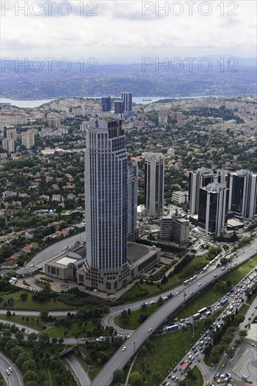 Is Kuleleri skyscraper and Bosphorus, view from Istanbul Sapphire, financial district, Levent, Besiktas, Istanbul, European part, Istanbul province, Turkey, Asia