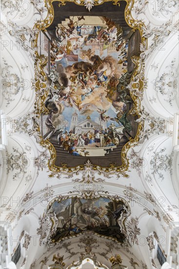 Baroque church, interior view, Marienmuenster, Diessen, Ammersee, Fuenfseenland, Pfaffenwinkel, Upper Bavaria, Bavaria, Germany, Europe