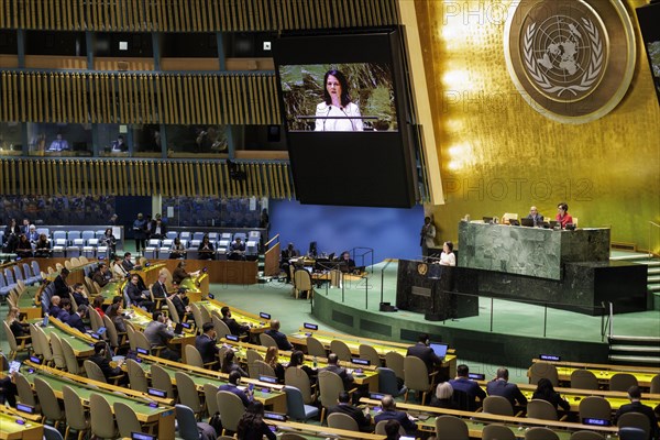 Plenary session of the United Nations General Assembly on 'AeRThe situation in the temporarily 'AeRoccupied territories of Ukraine in New York, 24 February 2024. Annalena Baerbock (Alliance 90/The Greens), Federal Foreign Minister, travels to New York to mark the anniversary of the attack on Ukraine. Photographed on behalf of the Federal Foreign Office