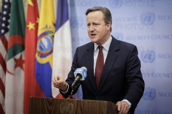 David Cameron, Foreign Secretary of Great Britain, photographed during a press statement in New York, 24 February 2024, on behalf of the Federal Foreign Office