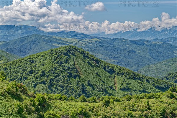 The southern Albanian mountain landscape on the western slope of the Tomorr massif m Tomorr National Park, also Tomorri National Park.Berat, Albania, Southeast Europe, Europe