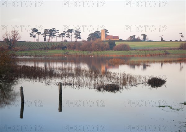 Coastal flooding leading to inundation of land not covered by flood water for 50 years, Ramsholt, Suffolk, England, December 2013