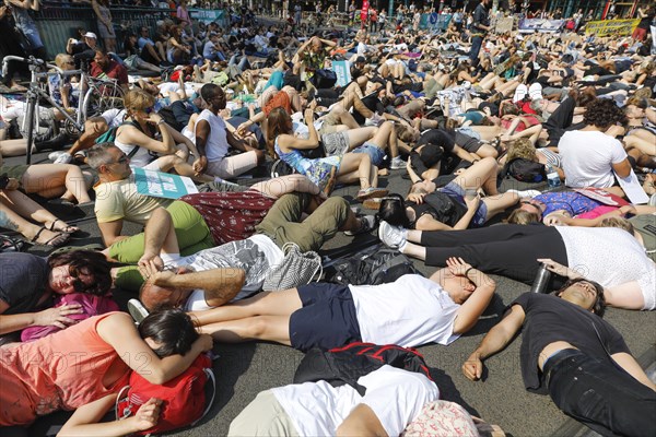 Mass die In, at the Official Animal Rights March demo at Rosenthaler Platz in Berlin. The Animal Rights March is a demonstration of the vegan community for animal protection and animal rights, 25 August 2019