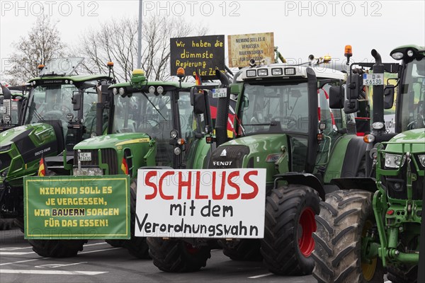 Stop the regulation madness, sign against bureaucracy on a tractor, farmers' protests, demonstration against the policies of the traffic light government, abolition of agricultural diesel subsidies, Duesseldorf, North Rhine-Westphalia, Germany, Europe