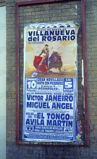 Poster advertising bull fight in Malaga, Andalusia, Spain, Southern Europe. Scanned thumbnail slide, Europe