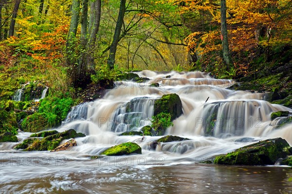 Waterfall near Alexisbad on the Selke river in nature reserve Obere Selketal in autumn, Harz district, Saxony-Anhalt, Sachsen-Anhalt, Germany, Europe