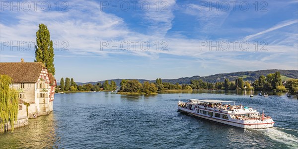 Excursion boat on the Hochrhein near Stein am Rhein, Rhine, Lake Constance, Canton Schaffhausen, Switzerland, Europe