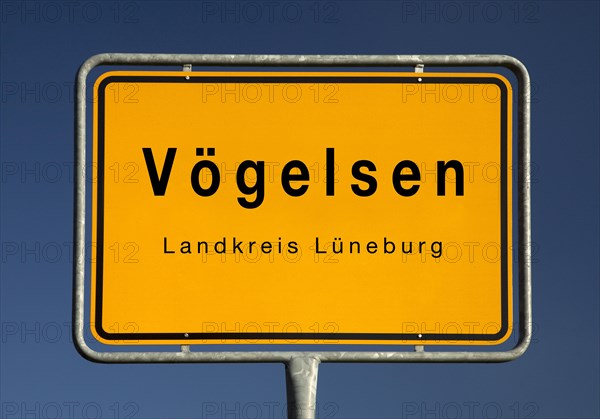 Town sign Voegelsen, joint municipality of Bardowick, district of Lueneburg, Lower Saxony, Germany, Europe