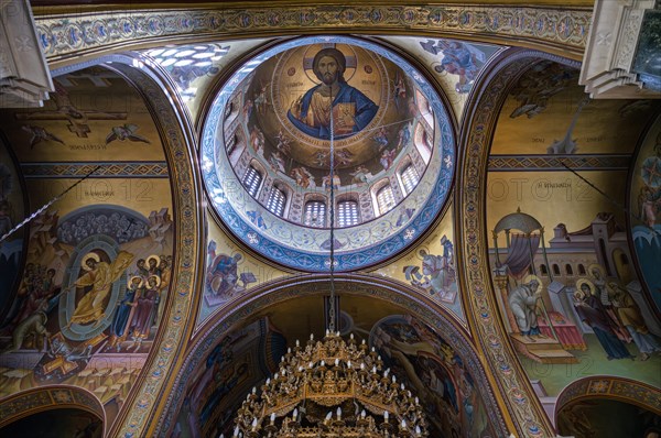 Interior view of Ieros Naos Panagias Dexias church, dome, mosaic, chandelier, Thessaloniki, Macedonia, Greece, Europe