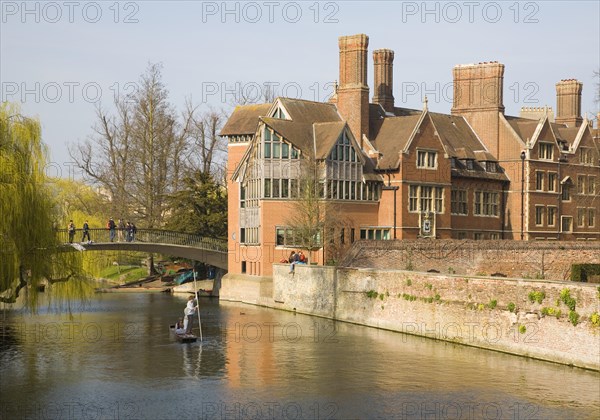 Punting on the River Cam by the Jerwood Library, Trinity Hall College, Cambridge university, England, United Kingdom, Europe