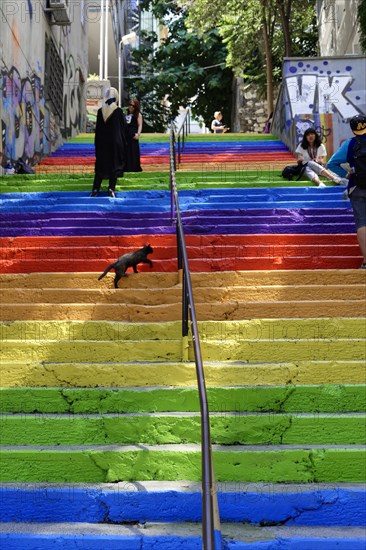 Tourists, painted staircase in rainbow colours, Istanbul, European part, Istanbul province, Turkey, Asia