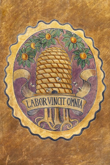 Stein am Rhein, historic old town, mural painting, Labor vincit omnia, labour conquers all, beehive, Canton Schaffhausen, Switzerland, Europe