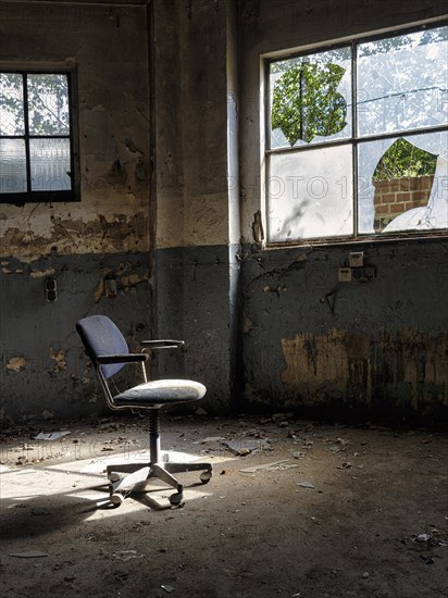 Single swivel chair, office chair in an empty dilapidated factory building, peeling paint, incidence of light through broken window panes, industrial ruin, interior shot, lost place, Germany, Europe