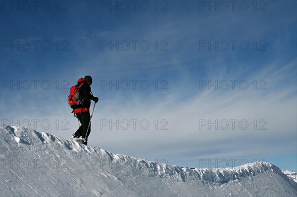 Snowshoe hiking in the Beverin nature park Park, Graubuenden, Switzerland, Europe