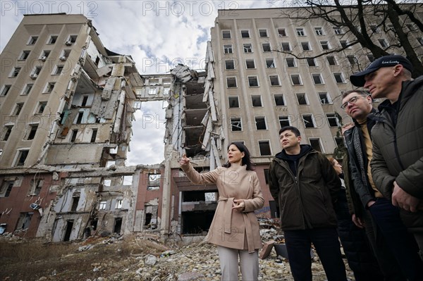 Annalena Baerbock (Alliance 90/The Greens), Federal Foreign Minister, visits the former seat of the regional administration of Mykolaiv oblast with the governor of Mykolaiv oblast, Vitaliy Kim. Mykolaiv, 25.02.2024. Photographed on behalf of the Federal Foreign Office