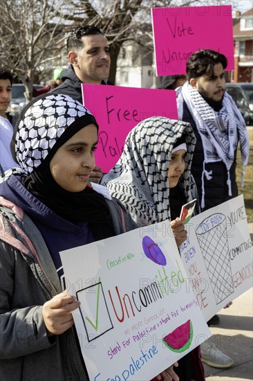 Hamtramck, Michigan USA, 25 February 2024, Two days ahead of Michigan's Presidential primary election, a rally in this heavily Arab-American city urges a vote for uncommitted instead of for Joe Biden. Many Arab-Americans are furious about Biden's support for Israel in the Gaza war. Israel's bombing there has cost tens of thousands of Palestinian lives