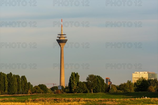 Television tower rises at dusk with orange sky and blue clouds over green grass field, Duesseldorf, North Rhine-Westphalia