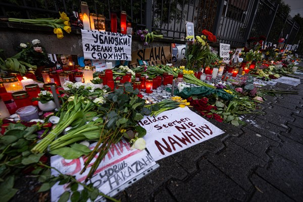 Photos, candles, grave lights and flowers for the Russian opposition leader Alexei Navalny, who died in an Arctic penal colony on 16 February 2024, have been placed on the fence of the closed Consulate General of the Russian Federation in Frankfurt am Main for days. Navalny was a Russian lawyer, anti-corruption activist, dissident and opposition politician. In 2020, he was the victim of a life-threatening poison attack. Politically persecuted and imprisoned from 2021, he was sentenced to many years in prison. He was considered an arch-enemy of Russian President Vladimir Putin, Consulate General of the Russian Federation, Frankfurt am Main, Hesse, Germany, Europe