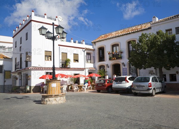 Village square in the hilltop Andalusian settlement of Comares, Malaga province, Spain, Europe